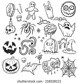 Halloween doodles set. Simple isolated objects on white background. Sketch style vector illustration.