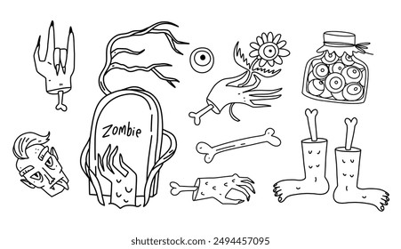 Halloween doodles set of zombie including zombie tombstone, foot, bones, hands and eyes in a jar, in a simple line art style on a white background. Concept of spooky fun