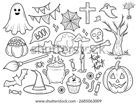 Halloween doodles vector illustration, Halloween isolated clip art, black and white line art cute drawings, hand drawn spooky stickers outline drawings, tattoo doodle illustration, October contours