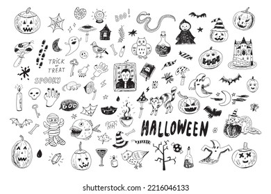 Halloween doodles vector illustrations set.