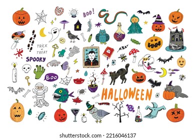 Halloween doodles vector illustrations set.