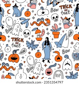 Halloween doodles vector seamless pattern with outline, with ghosts, cute monsters, trick or treat lettering and other holiday cartoons