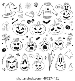 Halloween doodles vector set: carved pumpkins, ghost, bat, skull, witch hat, candle. 