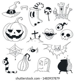 Halloween doodles vector sketch icons set isolated on a white background.