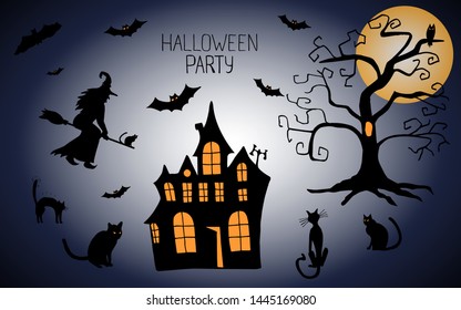 Halloween in doodling. Abstract background with evil bats, cats, a witch on a broom, an ominous castle and a gloomy tree with an owl. Can be used for wrapping paper, invitation, background, cards