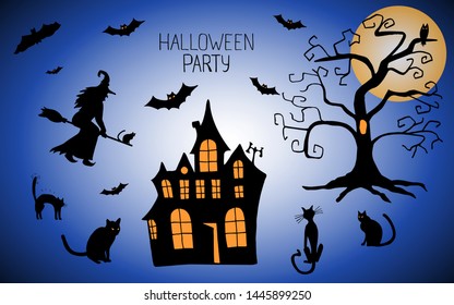 Halloween in doodling. Abstract background with evil bats, cats, a witch on a broom, an ominous castle and a gloomy tree with an owl. Can be used for wrapping paper, invitation, background, cards