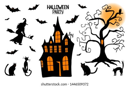 Halloween in doodling. Isolated set with evil bats, cats, a witch on a broom, an ominous castle and a gloomy tree with an owl. Can be used for wrapping paper, invitation, background, cards
