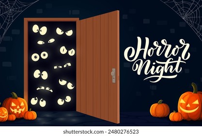 Halloween door with cartoon monster eyes, gleaming in darkness. Vector eerie banner with open doorway, grinning pumpkins and cobwebs, setting the stage for a night of frightful delights and horror