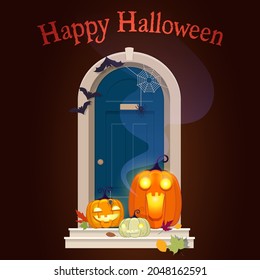 Halloween Door Decorations. Front door with glowing pumpkins and Happy Halloween lettering in night . Cartoon Halloween greeting card. Vector illustration 