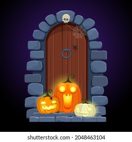 Halloween door decorations. Front door with glowing pumpkins in night . Cartoon Halloween greeting card. Vector illustration 