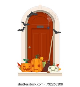 Halloween Door Decorations. Front door with Halloween decorations and pumpkins. Vector illustration 
