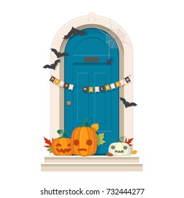 Halloween Door Decorations. Front Door With Halloween Decorations And Pumpkins. Vector Illustration