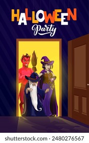 Halloween door with holiday characters, spooky wizard, witch and devil at the open doorway frame. Vector scary guest personages standing at glowing door entry, casting eerie shadows on the room floor