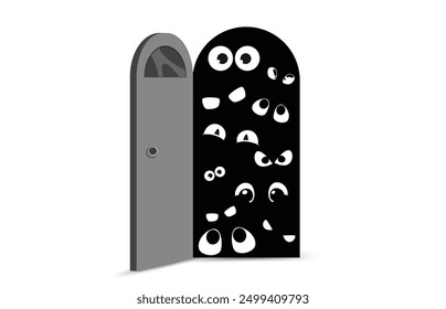 Halloween door with monster eyes. Scary and creepy creatures eyeballs glowing in darkness, night demons or Halloween monsters cartoon vector eyes in opened door arch background