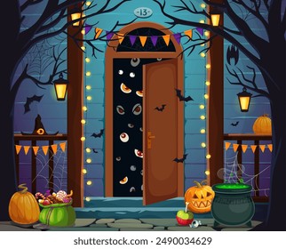 Halloween door and porch with monster eyes. Halloween house wooden terrace vector background with witch cauldron, candies in bag and carved pumpkins, scary monsters eyes behind house opened door