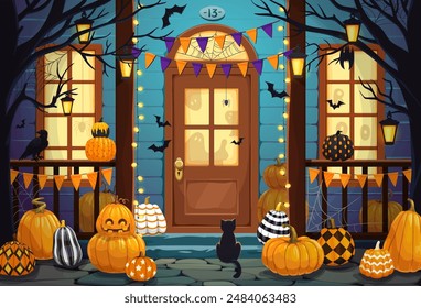 Halloween door porch with patterned pumpkins and scary ghosts silhouette behind windows, cartoon vector. Halloween holiday and trick or treat party with boo pumpkins, witch black cat and bats on door