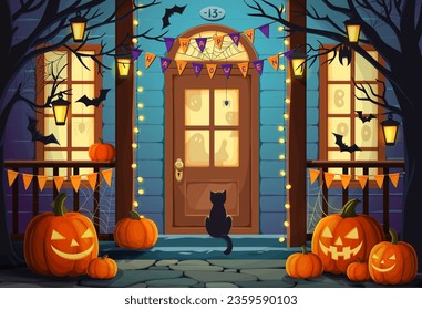 Halloween door and porch, pumpkins and witch cat with holiday decorations on house, vector background. Happy Halloween greeting card with ghosts behind door entrance, bats and spider cobweb on trees