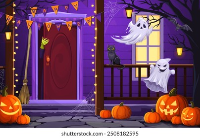 Porch de porta de Halloween com abóboras assustadoras, mão de monstro emergente, fantasmas voadores assustadores e gato preto, vassoura de bruxa e guirlanda. Vetor assombrando cena sinistra, calafrios convidativos e delícia de formigamento da coluna