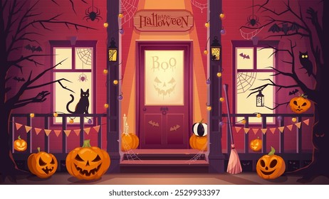 Halloween door porch with spooky pumpkins and scary boo ghosts silhouette on window, vector background. Haunted house with monster decorations for Halloween night holiday and trick or treat party