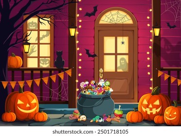 Porche de la puerta de Halloween con cubo de dulces y calabazas de miedo de peligro. Horror de la temporada de otoño, fondo de Vector de porche de Halloween con dulces en caldero, linternas de calabaza, murciélagos y siluetas de fantasmas