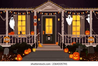 Halloween door and porch. Vector cottage front yard with festive decorations. Jack lantern pumpkins, spooky ghosts, grave stones and skeleton hands. Broom, garlands, cobwebs and witch hat on terrace