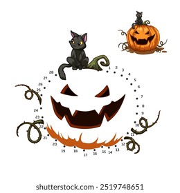 Halloween punto a punto juego con calabazas espeluznantes. Niños aislados dibujando para libros educativos. Rompecabezas de lógica de dibujos animados. Búsqueda el camino correcto y puntos de conexión. Ilustración vectorial 