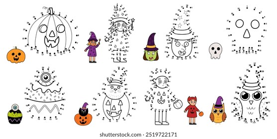 Halloween dot to dot games bundle. Connect the dots and draw cute Halloween characters. Educational activity pages set for kids. Vector illustration