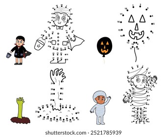 Halloween dot to dot Spiele Sammlung. Verbinden Sie die Punkte und zeichnen Sie süße Halloween-Figuren. Pädagogische Aktivitäten für Kinder. Vektorgrafik