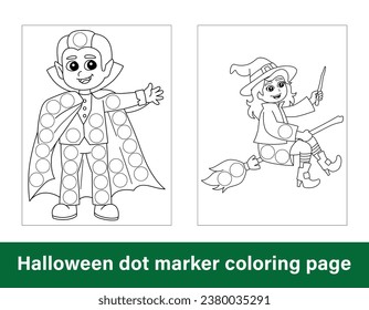 Halloween, página de coloración de marcadores de puntos para niños. Diseño de página de coloreado de líneas de arte para niños