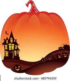 Halloween Double Exposure background with haunted house and pumpkins.