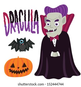 Halloween Dracula character with pumpkin and bat.
