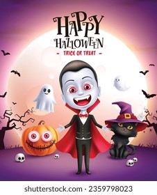 Halloween dracula character vector design. Happy halloween greeting card with cute spooky vampire, pumpkin, ghost and cat in full moon night background. Vector illustration invitation card poster.
