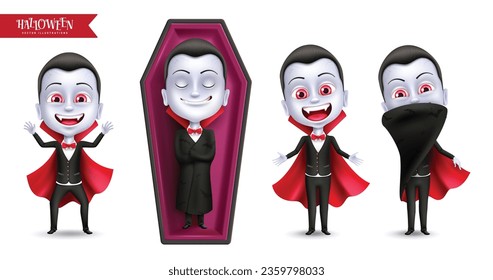 Halloween dracula characters vector set design. Halloween vampire character wearing cape and robe sleeping in coffin elements isolated in white background. Vector illustration dracula cartoon 