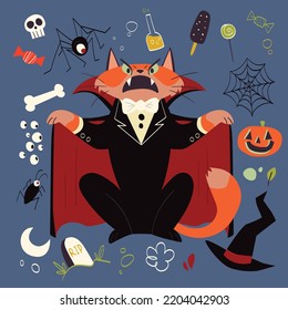 Halloween Dracula Vampire Cute Cat Illustration For Halloween Party