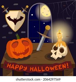 
Halloween at dracula's castle, pumpkin on the table, skull candle. Outside the window is night.