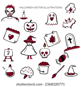 Halloween drawing doodle collections cartoon icon illustrations cute ghost hunter house night hat moon bone spider bat zombie grave potion vampire witch