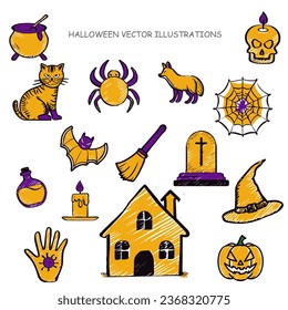 Halloween drawing doodle collections cartoon icon illustrations cute ghost hunter house night hat moon bone spider bat zombie grave potion vampire witch