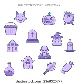 Halloween drawing doodle collections cartoon icon illustrations cute ghost hunter house night hat moon bone spider bat zombie grave potion vampire witch