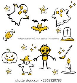 Halloween drawing doodle collections cartoon icon illustrations cute ghost hunter house night hat moon bone spider bat zombie grave potion vampire witch