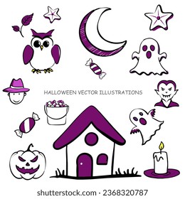 Halloween drawing doodle collections cartoon icon illustrations cute ghost hunter house night hat moon bone spider bat zombie grave potion vampire witch