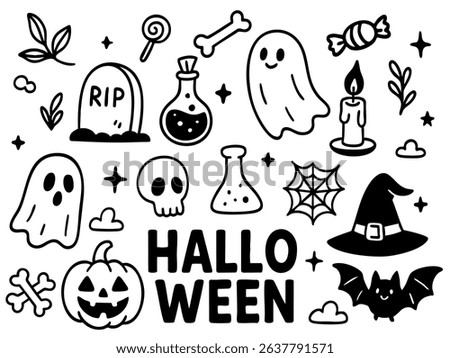 Halloween Drawing element set. Ghost Pumpkin Bat Skull Witch Hat Spiderweb Bone Candy Candle Potion Flask Gravestone Cloud cute hand drawn doodle set with spooky icons in black outline, for Halloween