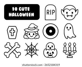 Halloween drawing set in black and white. joyful Halloween doodle elements designed for printing on decorations, postcards, posters, and stickers. Vector illustration.