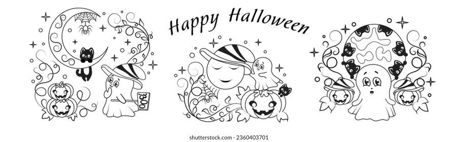 Halloween drawing set playing ghost with black kitten jack lantern full moon with hat and spider. Isolated design element on white background. Black and white kids illustration coloring book. Vector  