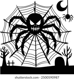Halloween drawing. Spider on the web. Night at the cemetery.