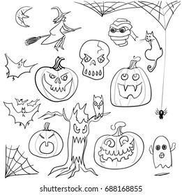 Halloween drawing style icons and graphics line art, Sketch line art of Halloween icons and imagery vector