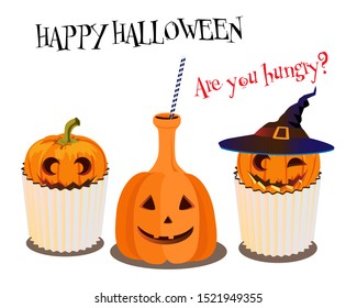 Halloween drawing, two funny pastries and a pumpkin drink