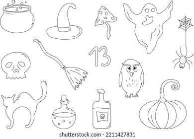 Halloween drawings illustration. Happy Halloween designs set black and white elements. Vector illustration. Kids Cute Digital Clipart. Halloween Doodles.