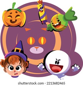 Halloween drawings, strong colors and different characters with different expressions