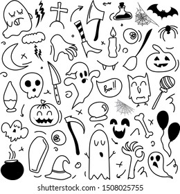 Halloween Drawings Vector Set of Design Elements. Halloween  Doodle.