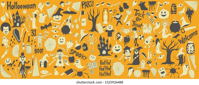 Halloween Drawings Vector Set of Design Elements, black and white, doodle, sticker, cute